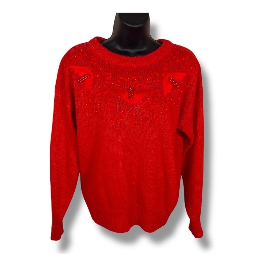 Vintage Small Anytime Blitz 80s Era Red Knit Beaded Sweater Long Sleeve Womens